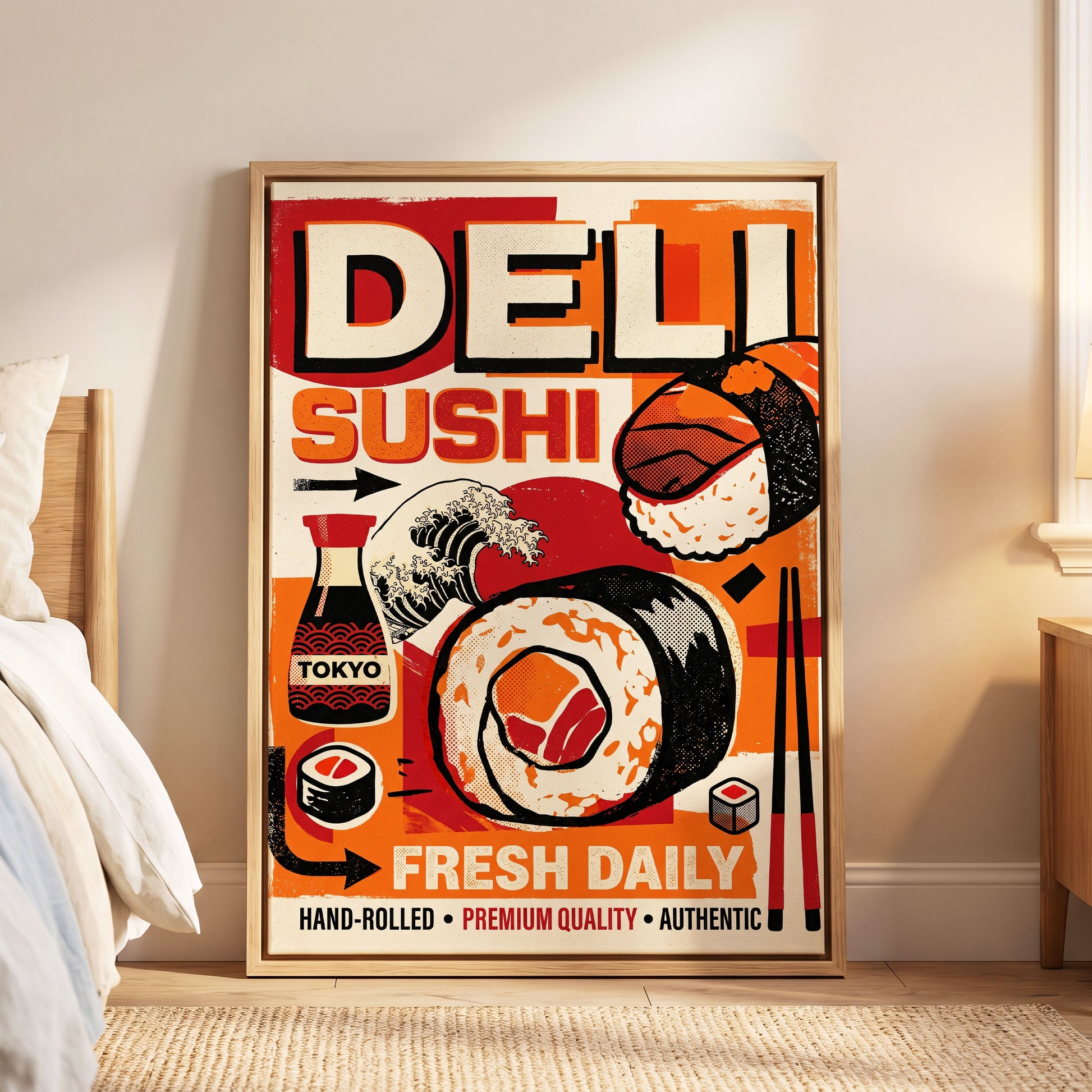 Tokyo Sushi Rush, red, orange, black abstract wall art displayed in a styled interior, gallery view 6