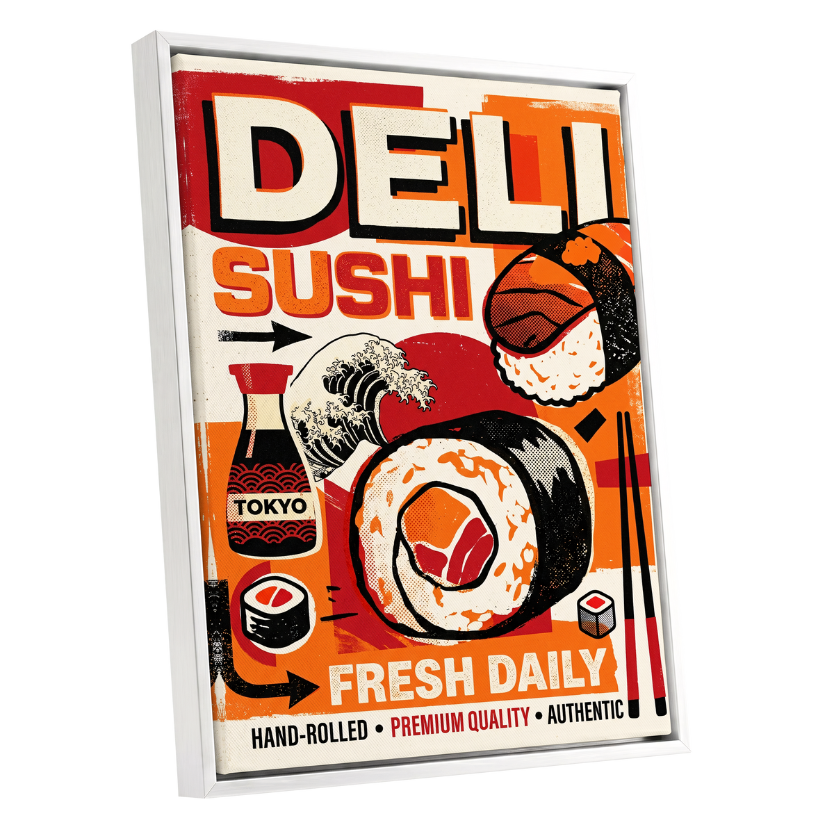 Tokyo Sushi Rush, red, orange, black abstract wall art shown as a white framed canvas wall art