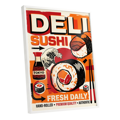 Tokyo Sushi Rush, red, orange, black abstract wall art shown as a white framed poster wall art print