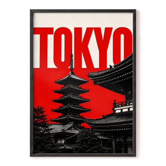 Tokyo Temple Contrast, red, black, beige minimalist wall art, front artwork view