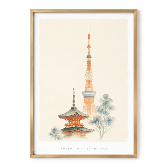 Tokyo Tower Reverie, beige, orange, gray minimalist wall art, front artwork view
