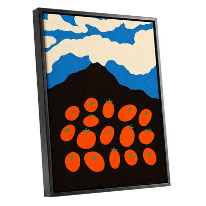 Tomato Sky, orange, black, blue nature wall art shown as a black framed canvas wall art