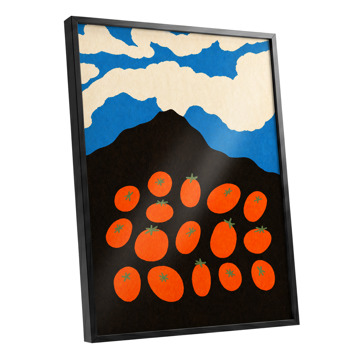 Tomato Sky, orange, black, blue nature wall art shown as a black framed poster wall art print