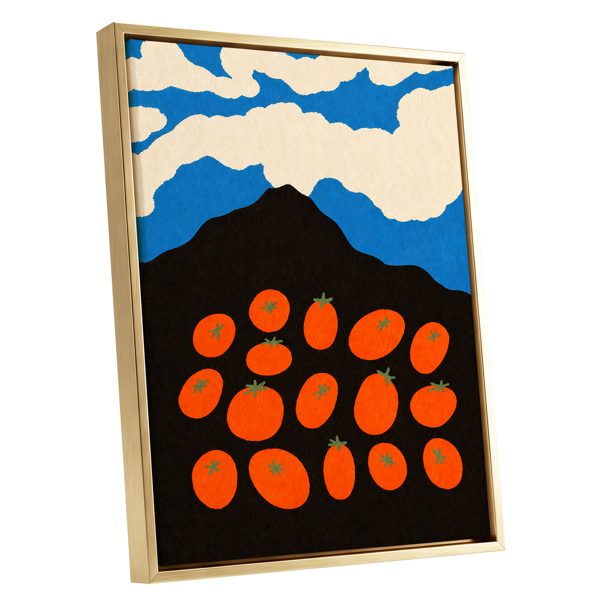 Tomato Sky, orange, black, blue nature wall art shown as a gold framed canvas wall art