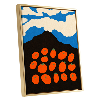Tomato Sky, orange, black, blue nature wall art shown as a gold framed canvas wall art