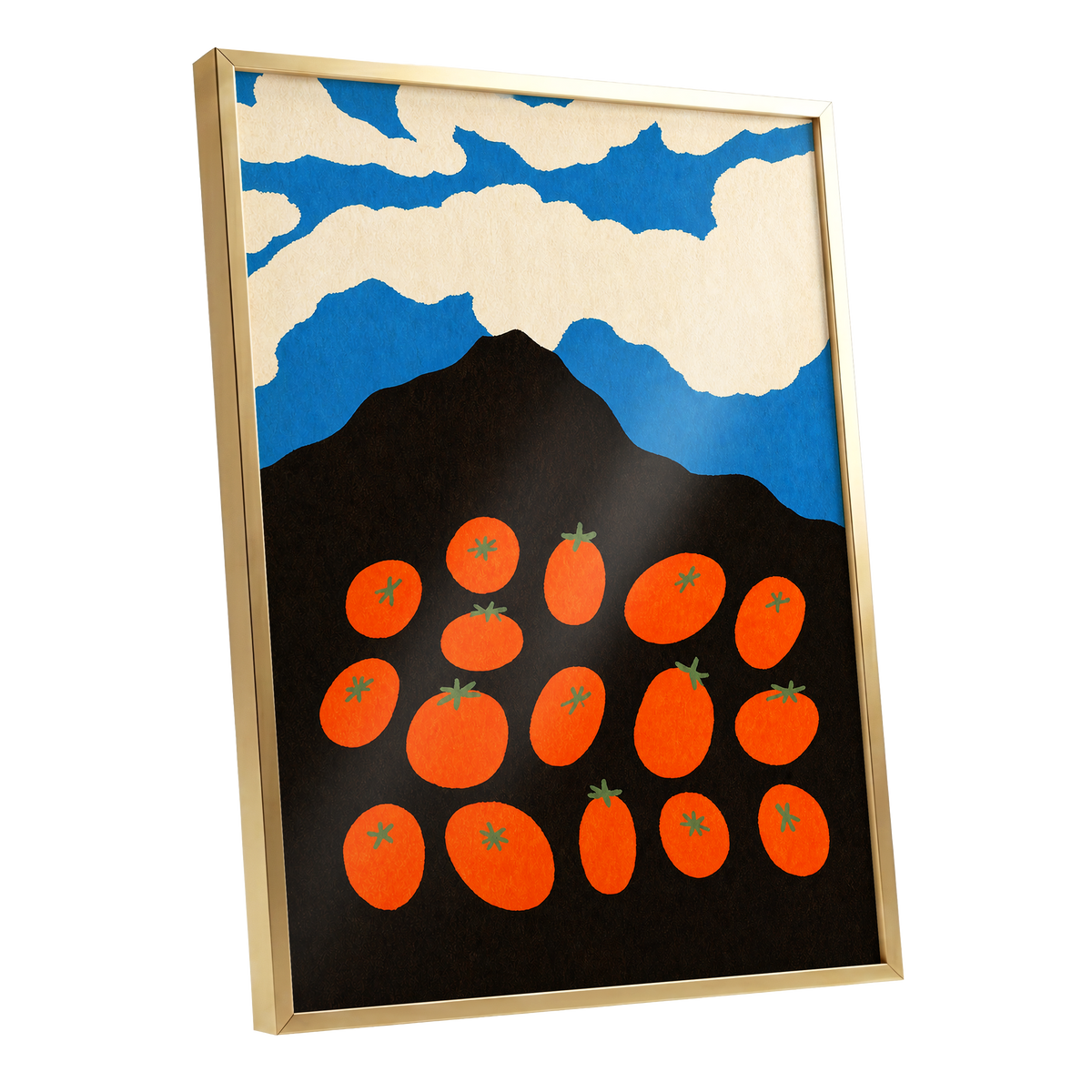 Tomato Sky, orange, black, blue nature wall art shown as a gold framed poster wall art print