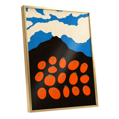 Tomato Sky, orange, black, blue nature wall art shown as a gold framed poster wall art print