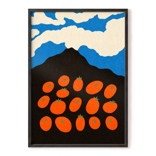 Tomato Sky, orange, black, blue nature wall art, front artwork view