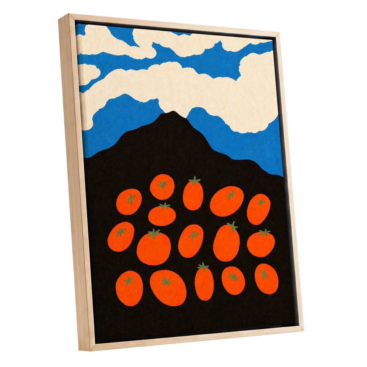 Tomato Sky, orange, black, blue nature wall art shown as a oak framed canvas wall art