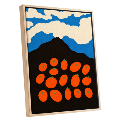 Tomato Sky, orange, black, blue nature wall art shown as a oak framed canvas wall art