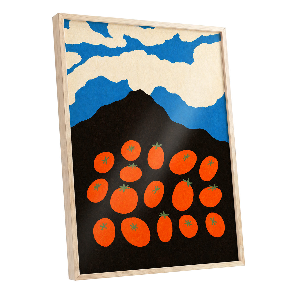 Tomato Sky, orange, black, blue nature wall art shown as a oak framed poster wall art print