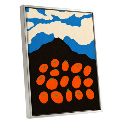 Tomato Sky, orange, black, blue nature wall art shown as a silver framed canvas wall art