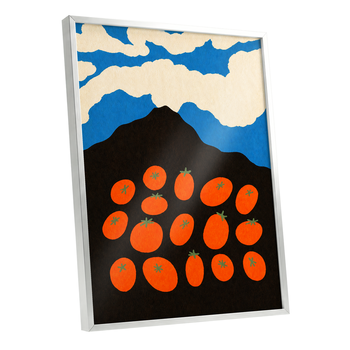 Tomato Sky, orange, black, blue nature wall art shown as a silver framed poster wall art print