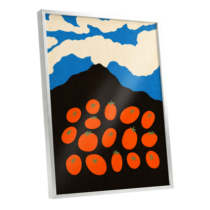 Tomato Sky, orange, black, blue nature wall art shown as a silver framed poster wall art print
