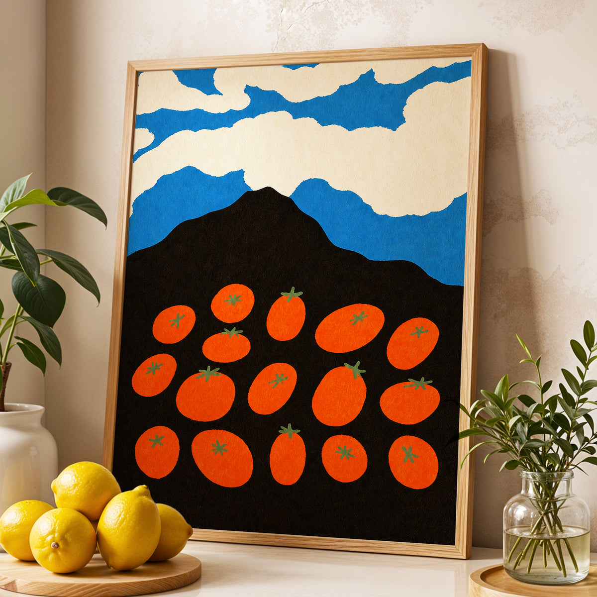 Tomato Sky, orange, black, blue nature wall art displayed in a styled interior, gallery view 2