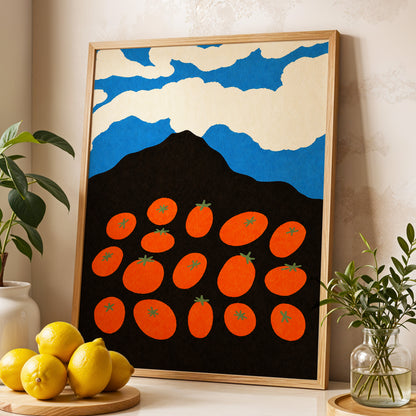 Tomato Sky, orange, black, blue nature wall art displayed in a styled interior, gallery view 2
