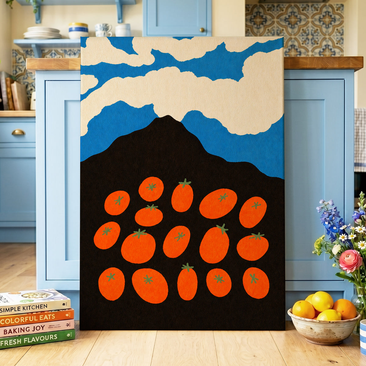 Tomato Sky, orange, black, blue nature wall art displayed in a styled interior, gallery view 3