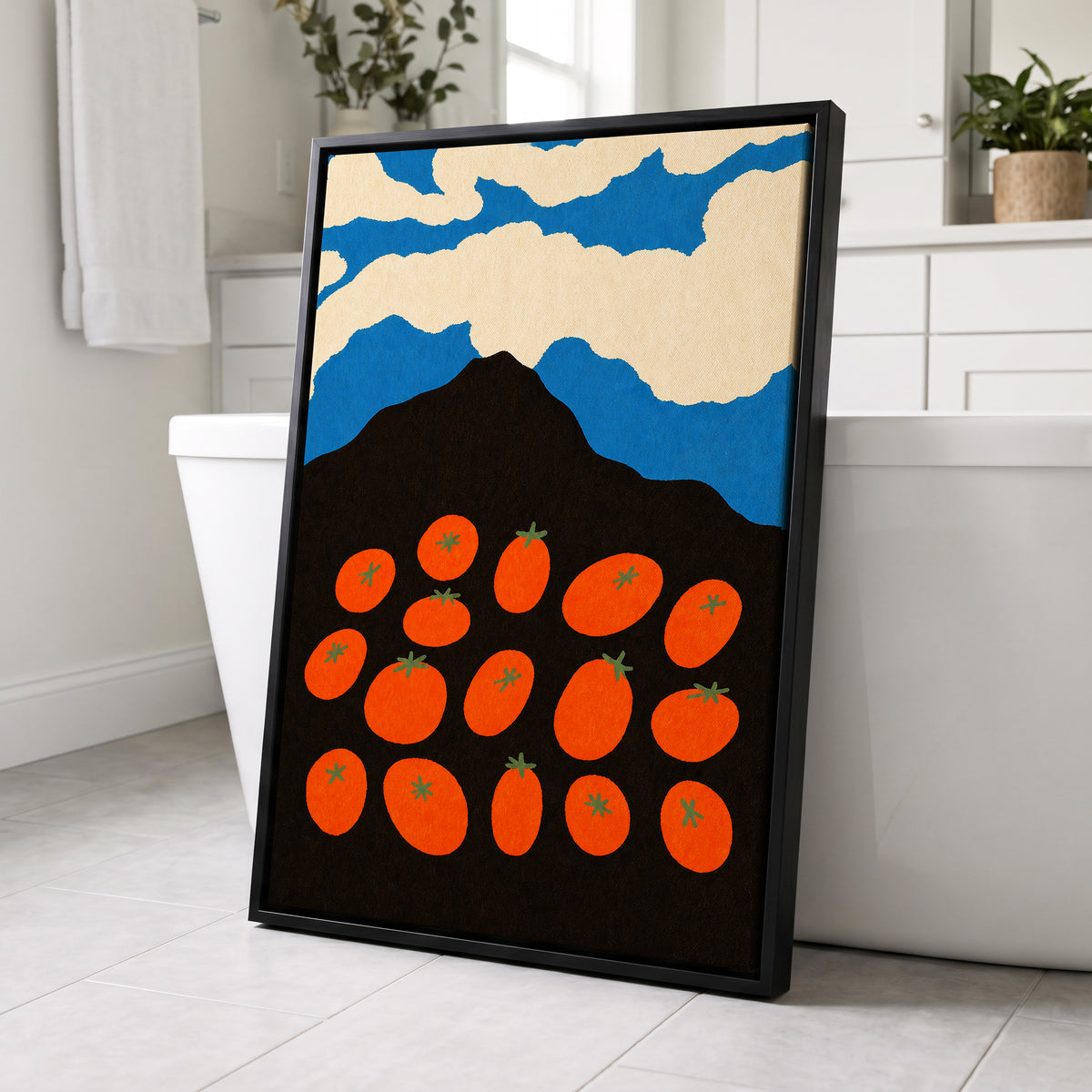 Tomato Sky, orange, black, blue nature wall art displayed in a styled interior, gallery view 4