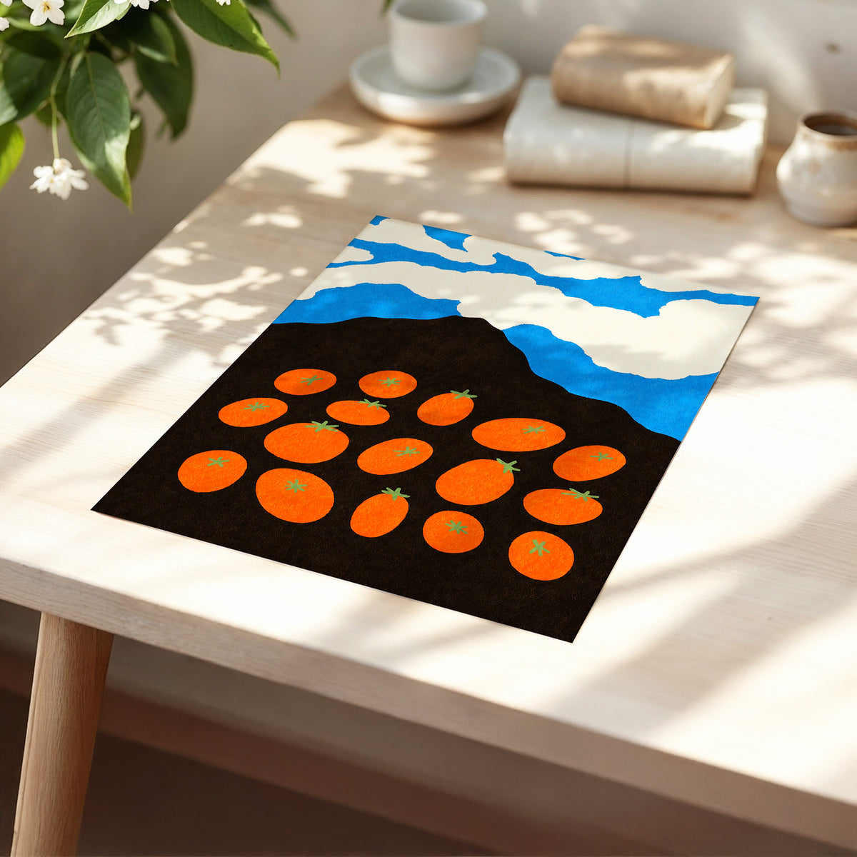 Tomato Sky, orange, black, blue nature wall art displayed in a styled interior, gallery view 5
