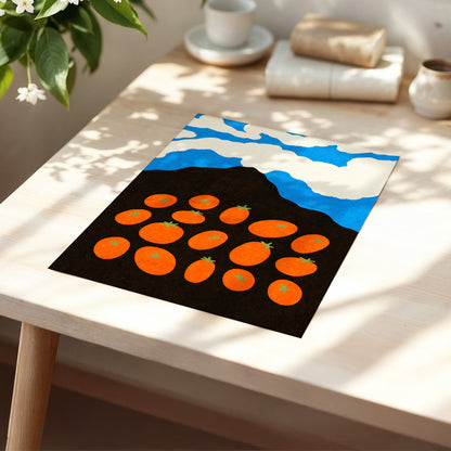 Tomato Sky, orange, black, blue nature wall art displayed in a styled interior, gallery view 5