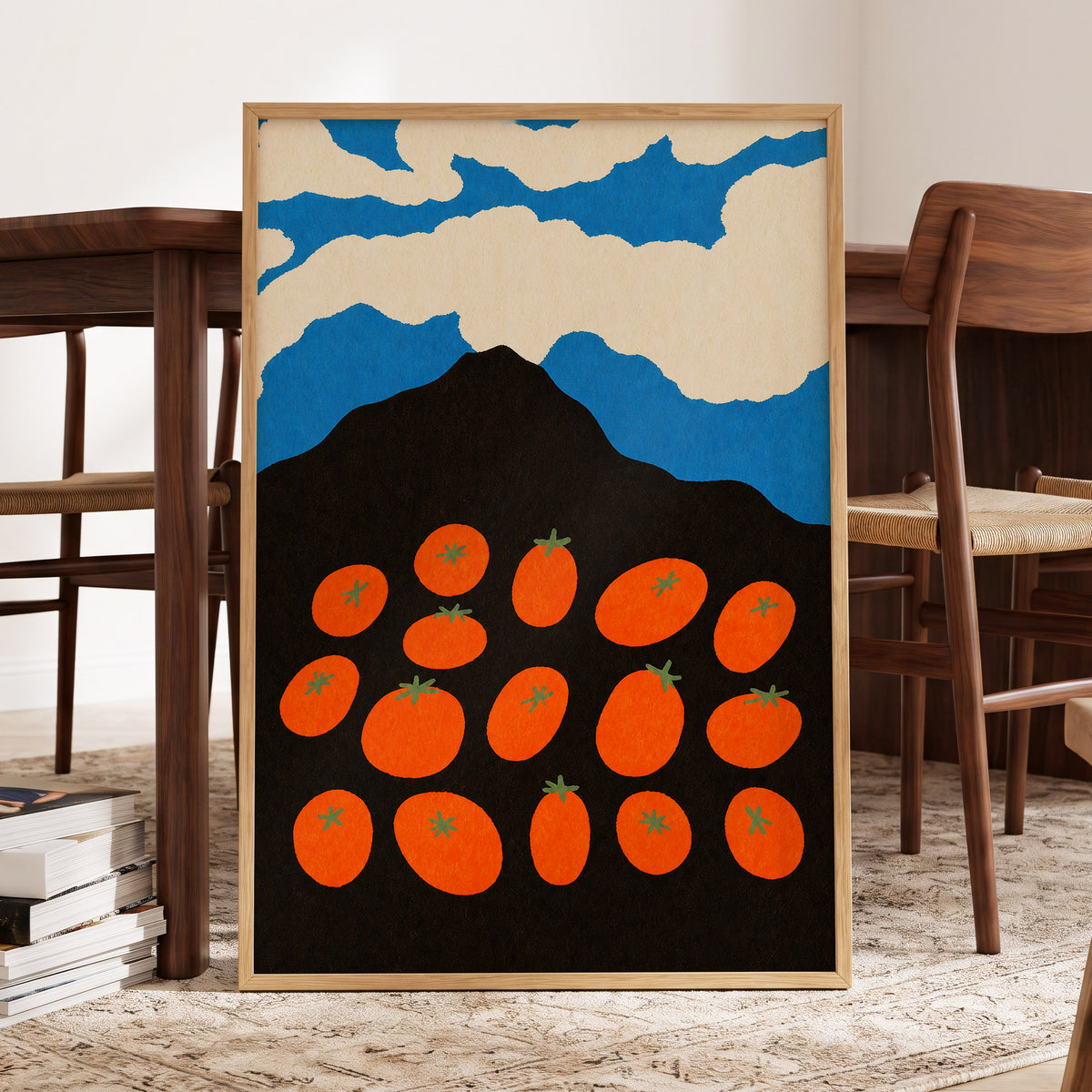 Tomato Sky, orange, black, blue nature wall art displayed in a styled interior, gallery view 6