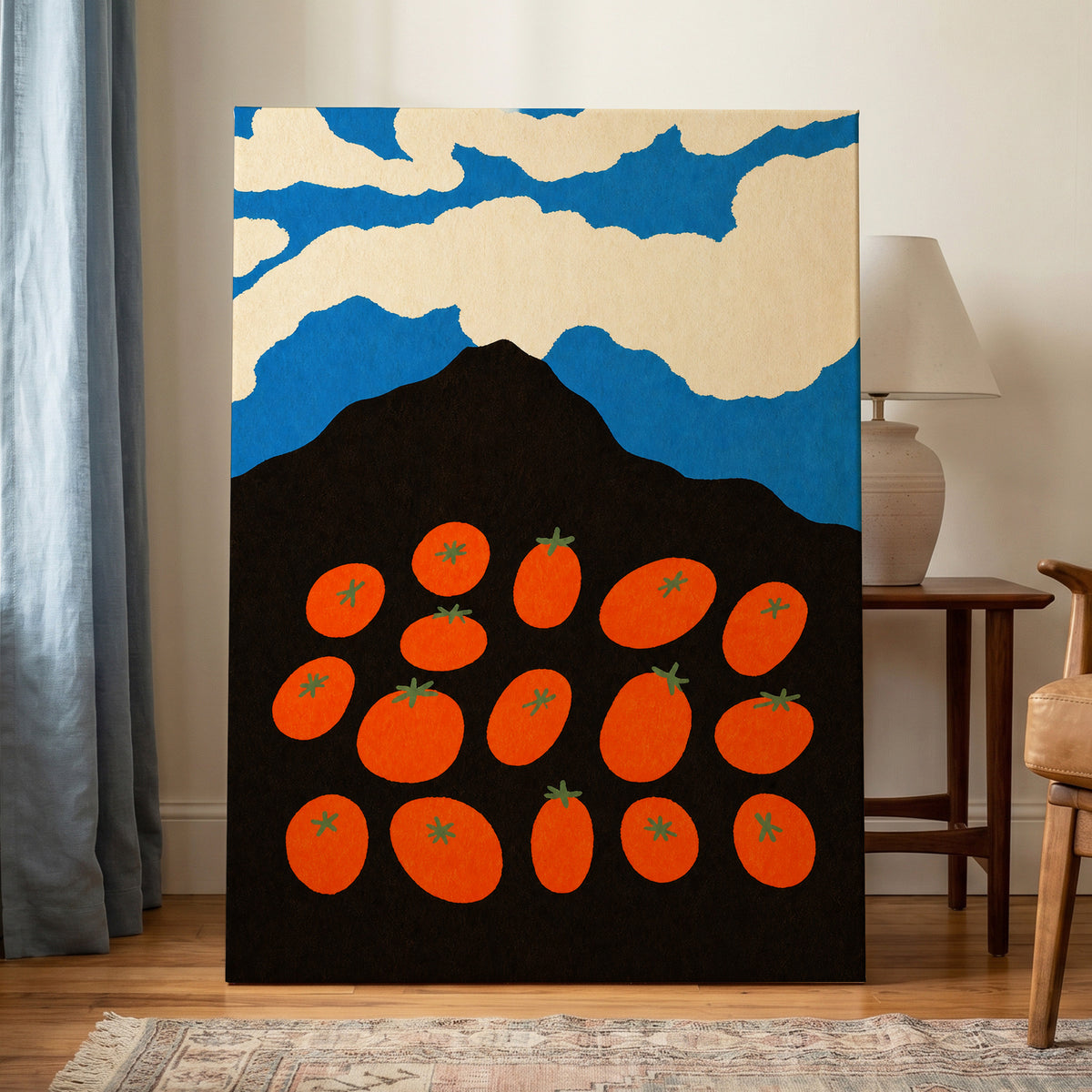 Tomato Sky, orange, black, blue nature wall art displayed in a styled interior, gallery view 7
