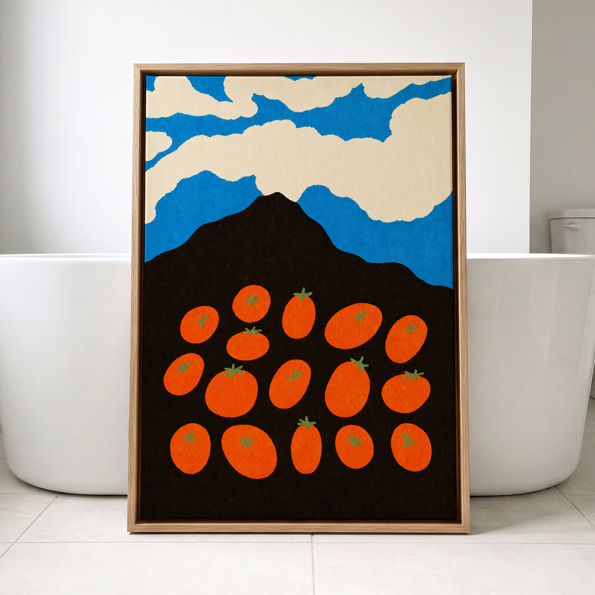 Tomato Sky, orange, black, blue nature wall art displayed in a styled interior, gallery view 8