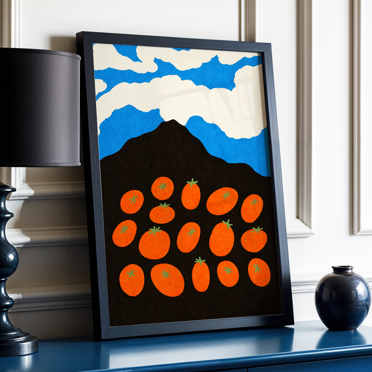 Tomato Sky, orange, black, blue nature wall art displayed in a styled interior, gallery view 9