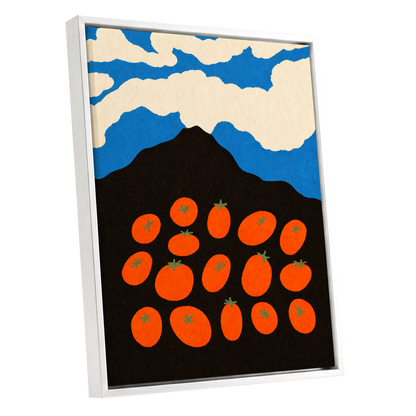 Tomato Sky, orange, black, blue nature wall art shown as a white framed canvas wall art