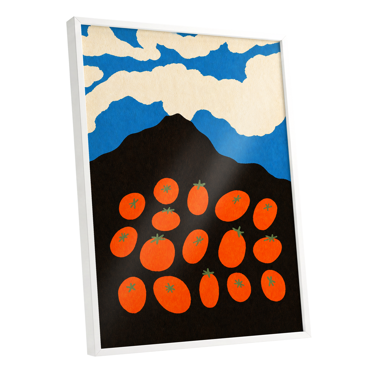 Tomato Sky, orange, black, blue nature wall art shown as a white framed poster wall art print