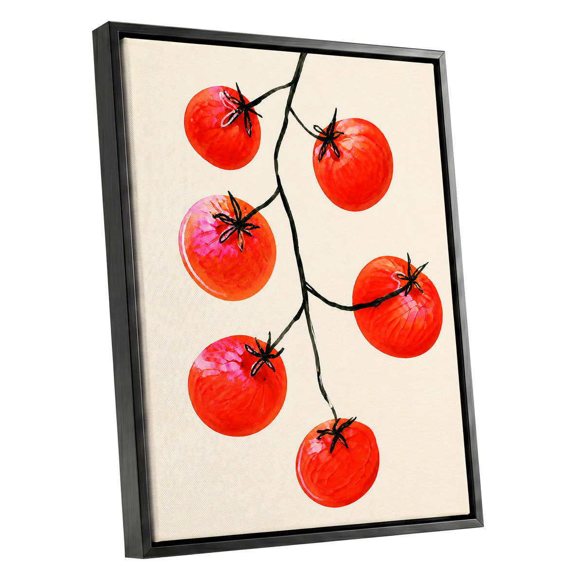 Tomato Tangle, red, beige, black nature wall art shown as a black framed canvas wall art