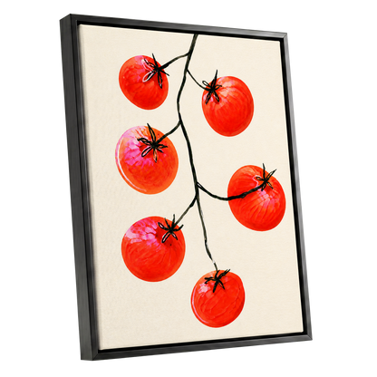 Tomato Tangle, red, beige, black nature wall art shown as a black framed canvas wall art