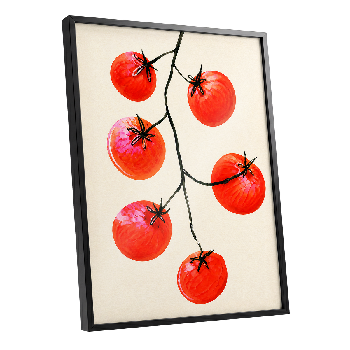 Tomato Tangle, red, beige, black nature wall art shown as a black framed poster wall art print