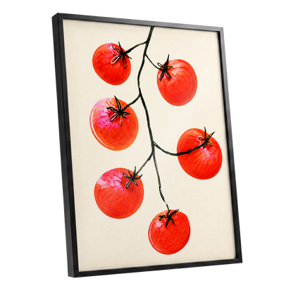 Tomato Tangle, red, beige, black nature wall art shown as a black framed poster wall art print