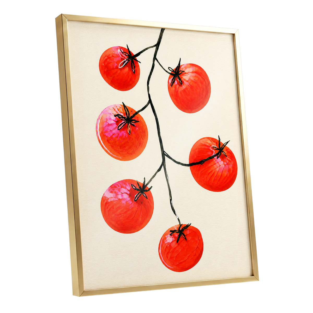 Tomato Tangle, red, beige, black nature wall art shown as a gold framed poster wall art print