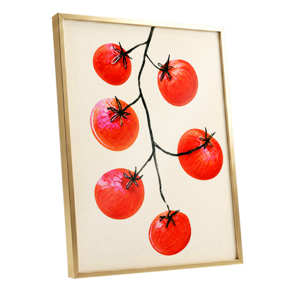 Tomato Tangle, red, beige, black nature wall art shown as a gold framed poster wall art print