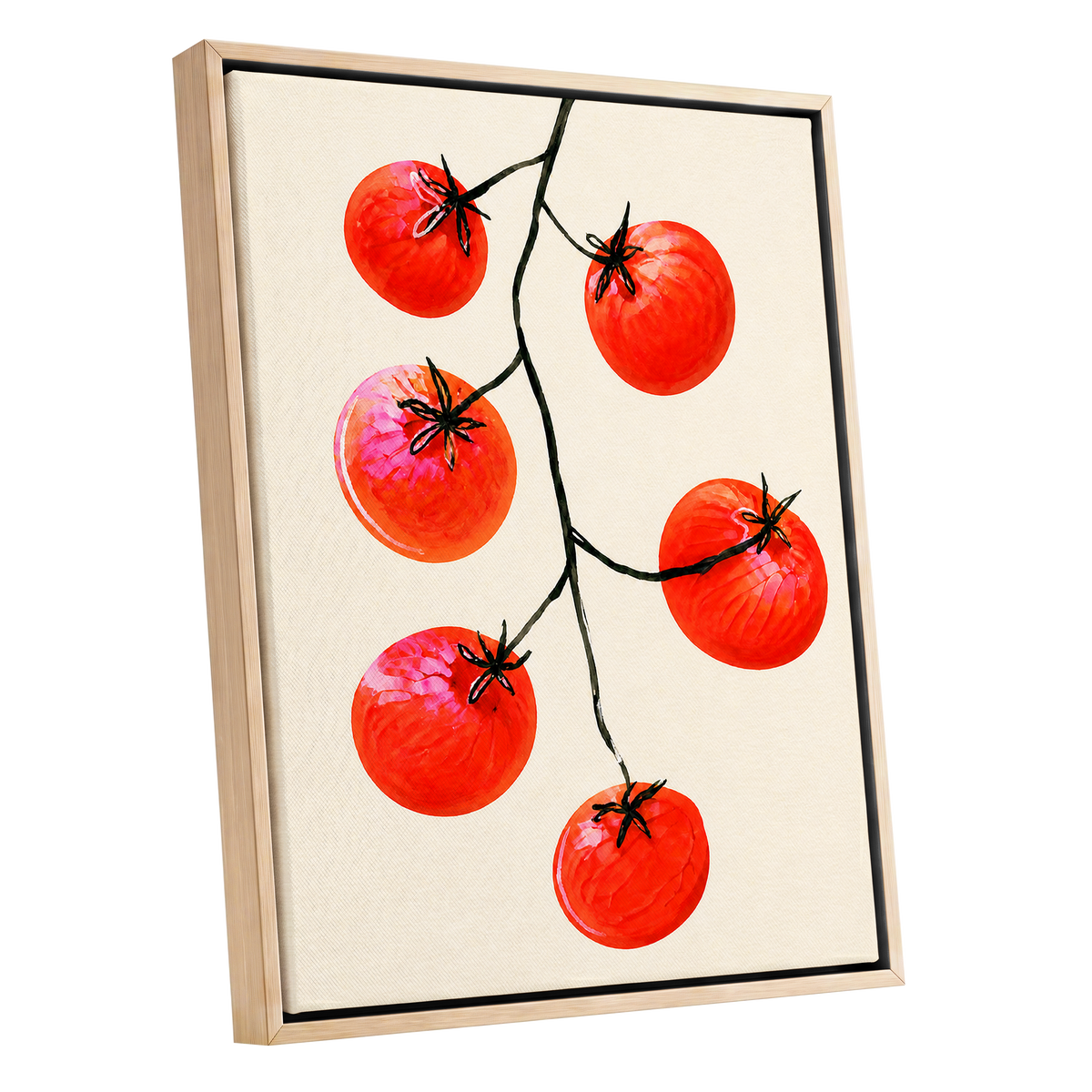 Tomato Tangle, red, beige, black nature wall art shown as a oak framed canvas wall art