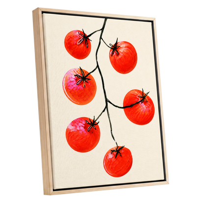Tomato Tangle, red, beige, black nature wall art shown as a oak framed canvas wall art