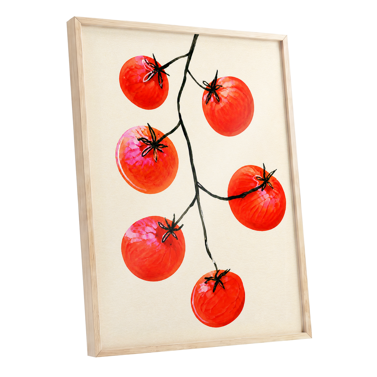 Tomato Tangle, red, beige, black nature wall art shown as a oak framed poster wall art print