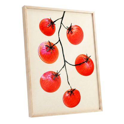 Tomato Tangle, red, beige, black nature wall art shown as a oak framed poster wall art print