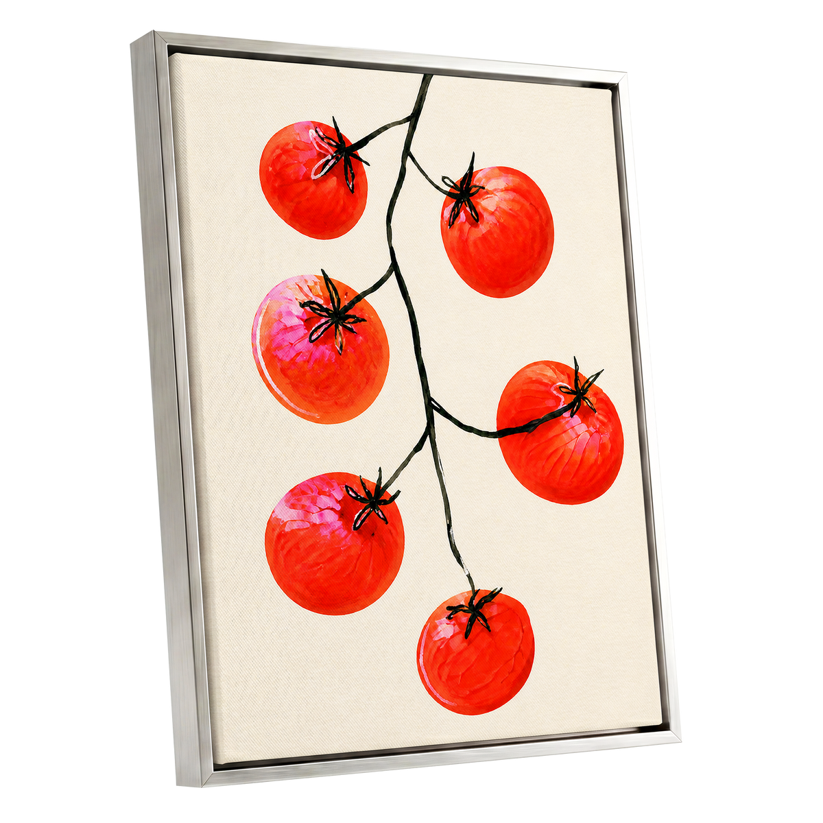 Tomato Tangle, red, beige, black nature wall art shown as a silver framed canvas wall art