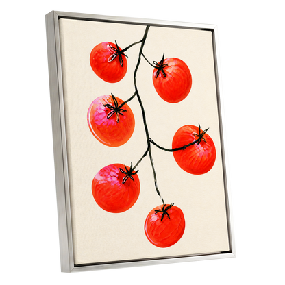 Tomato Tangle, red, beige, black nature wall art shown as a silver framed canvas wall art