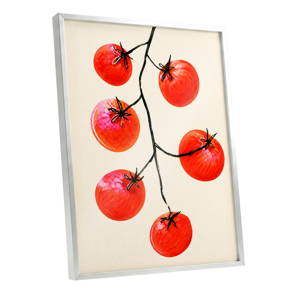 Tomato Tangle, red, beige, black nature wall art shown as a silver framed poster wall art print