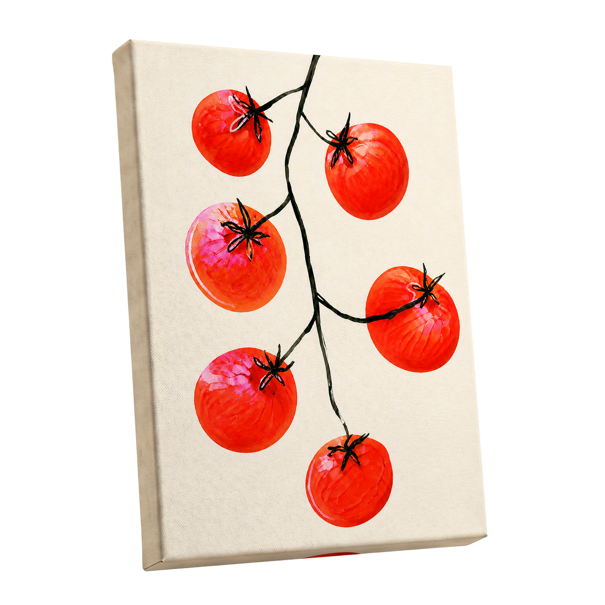 Tomato Tangle, red, beige, black nature wall art shown as a stretched canvas wall art