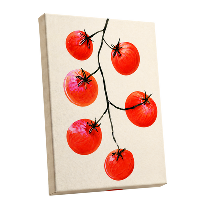 Tomato Tangle, red, beige, black nature wall art shown as a stretched canvas wall art