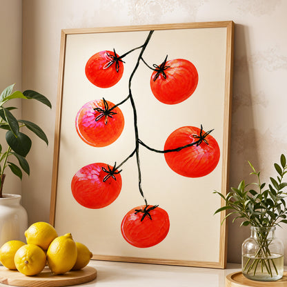Tomato Tangle, red, beige, black nature wall art displayed in a styled interior, gallery view 2