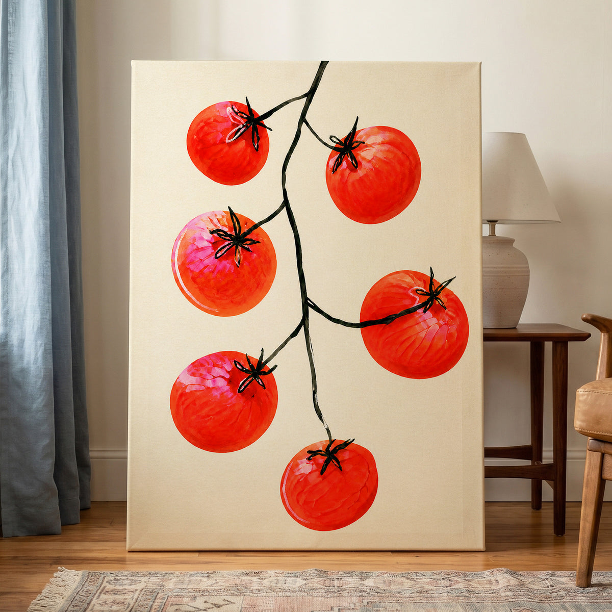 Tomato Tangle, red, beige, black nature wall art displayed in a styled interior, gallery view 3
