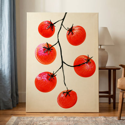 Tomato Tangle, red, beige, black nature wall art displayed in a styled interior, gallery view 3