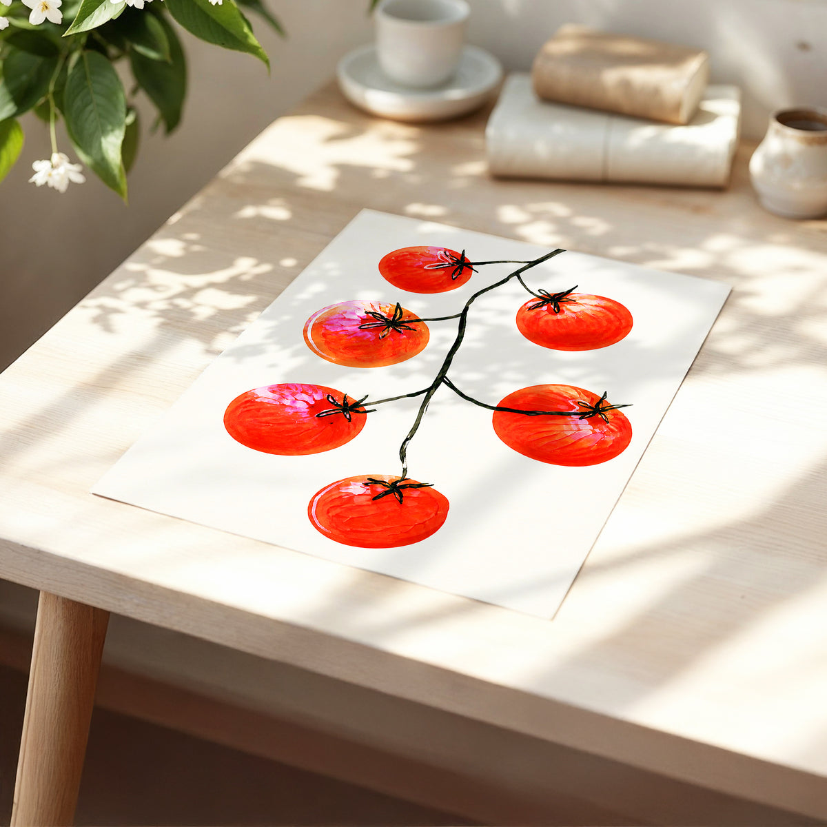 Tomato Tangle, red, beige, black nature wall art displayed in a styled interior, gallery view 5