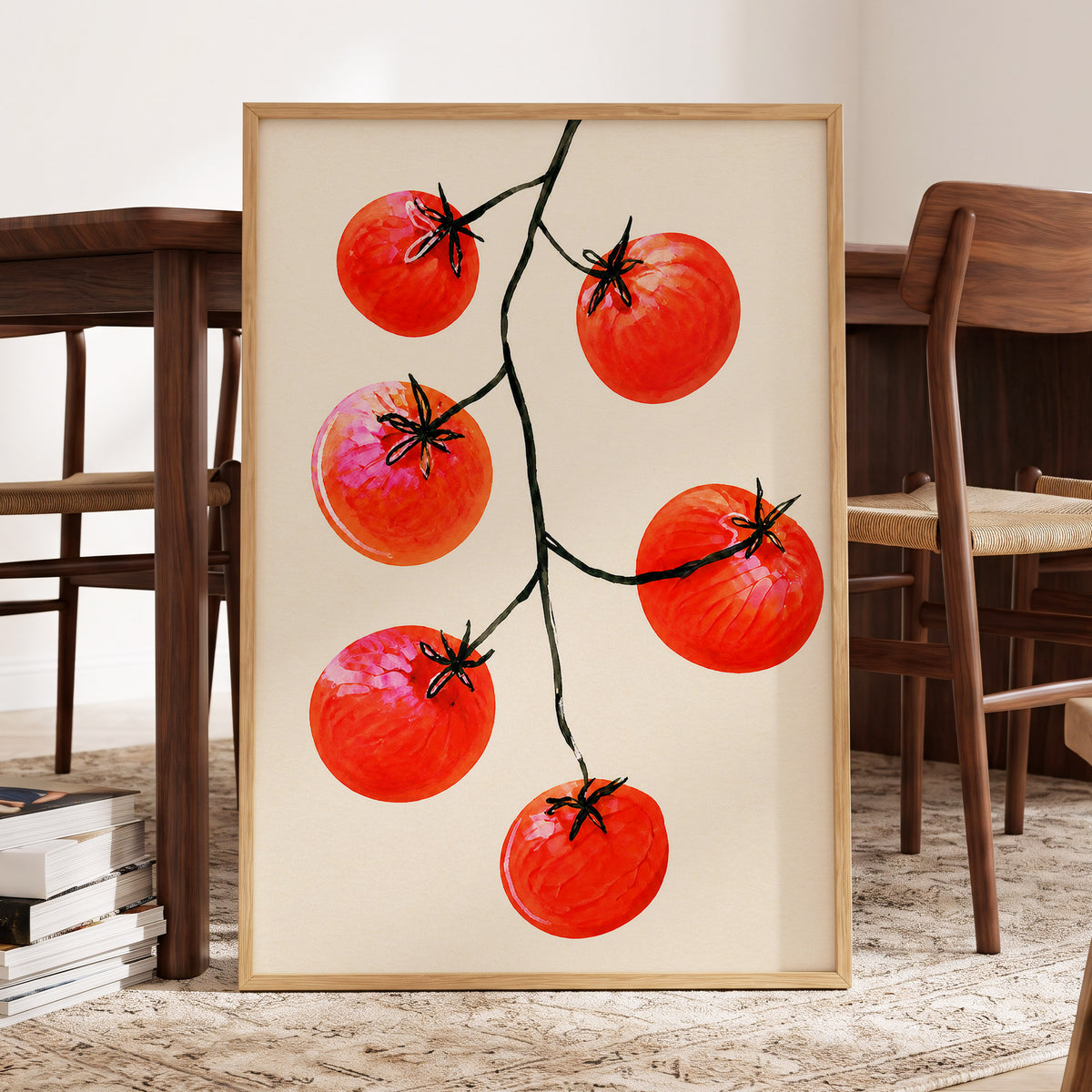 Tomato Tangle, red, beige, black nature wall art displayed in a styled interior, gallery view 6